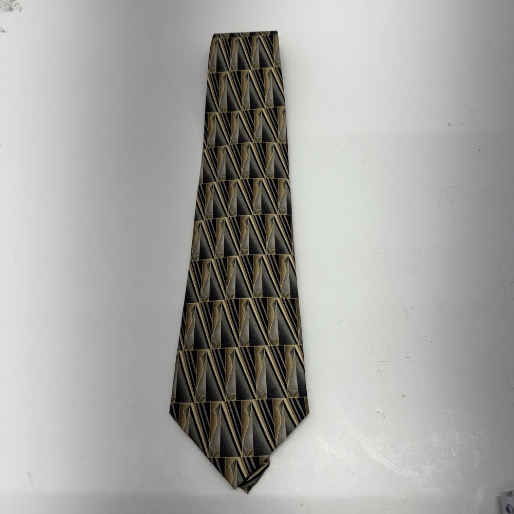 Pierre Cardin Men's 100% Silk Tie Black Gold Art Deco Geometric Necktie